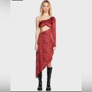 For Love & Lemons Davina Red Patterned One-Shoulder Dress